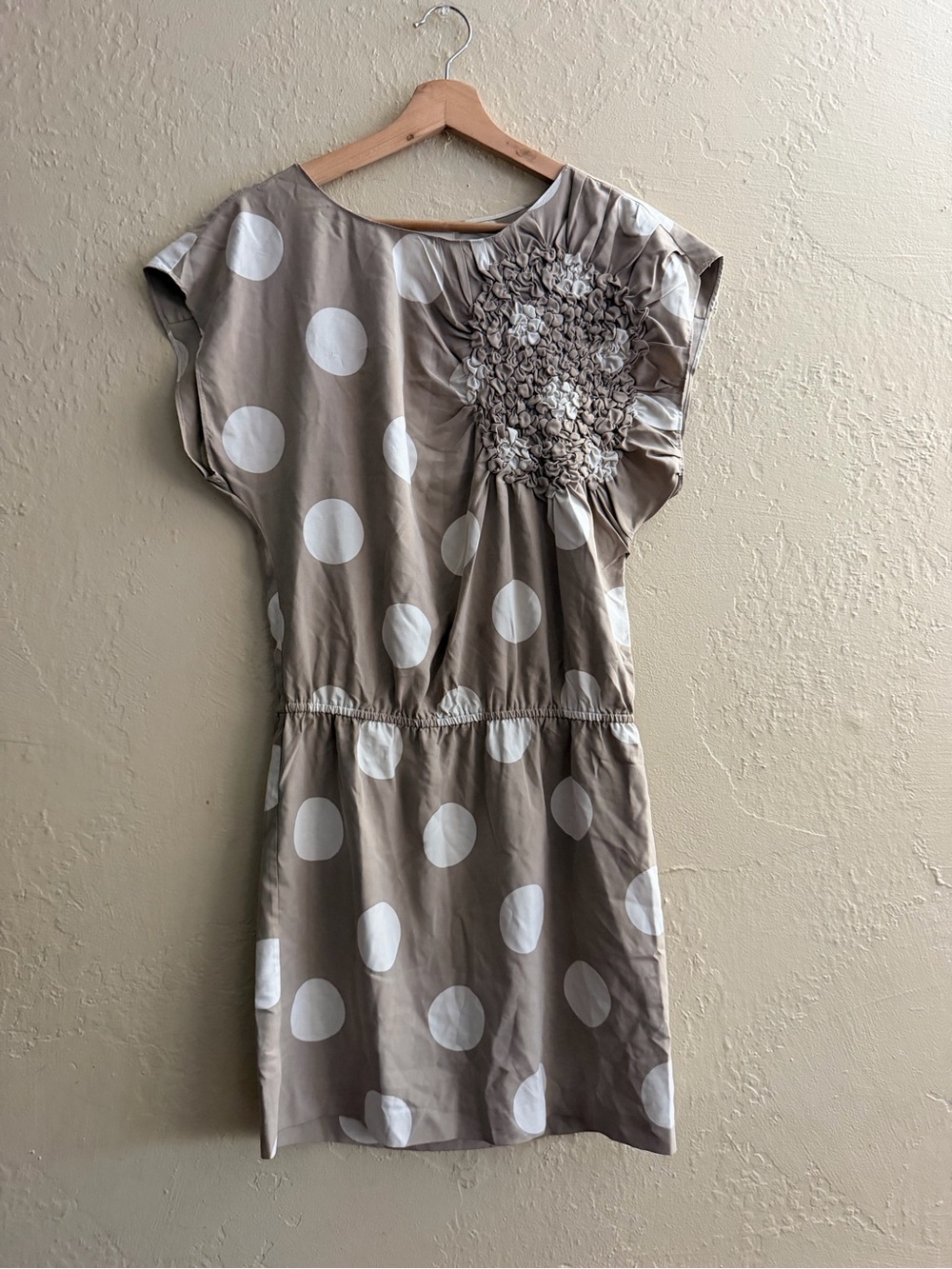 Polka Dot Taupe & White Short Sleeve Dress with Rosette Detail Silk